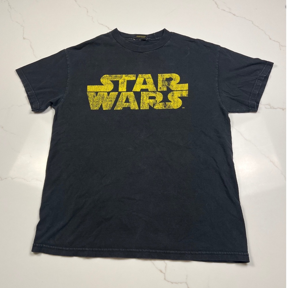 Star Wars T-Shirt Mens Black vintage Yellow Logo Lucasfilm Graphic Tee